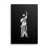 Motivational canvas print with a linear illustration of a rapper in a baseball jersey on a black background, front view