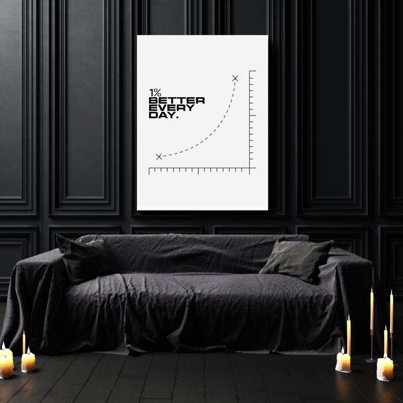 Motivational canvas wall art with “1% Better Every Day” quote and growth chart in a modern living room.