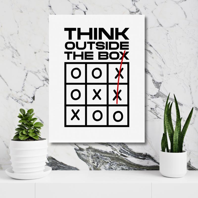 “THINK OUTSIDE THE BOX” motivational quote wall art with a tic-tac-toe design, an inspiring poster print by Mindset Walls.