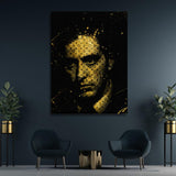 Luxury motivational canvas wall art with a black and gold portrait, monogram pattern, street art and pop art style.