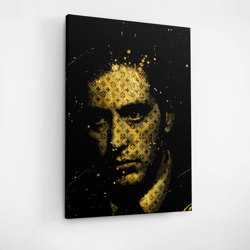 Luxury canvas wall art with a pop art portrait of a mysterious man in gold graffiti and ornamental pattern.
