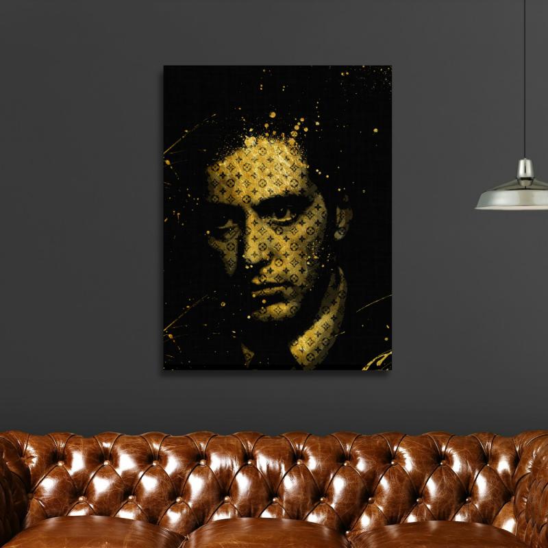 Luxury wall art portrait of an iconic movie gangster in gold pop art street art style in an industrial loft.