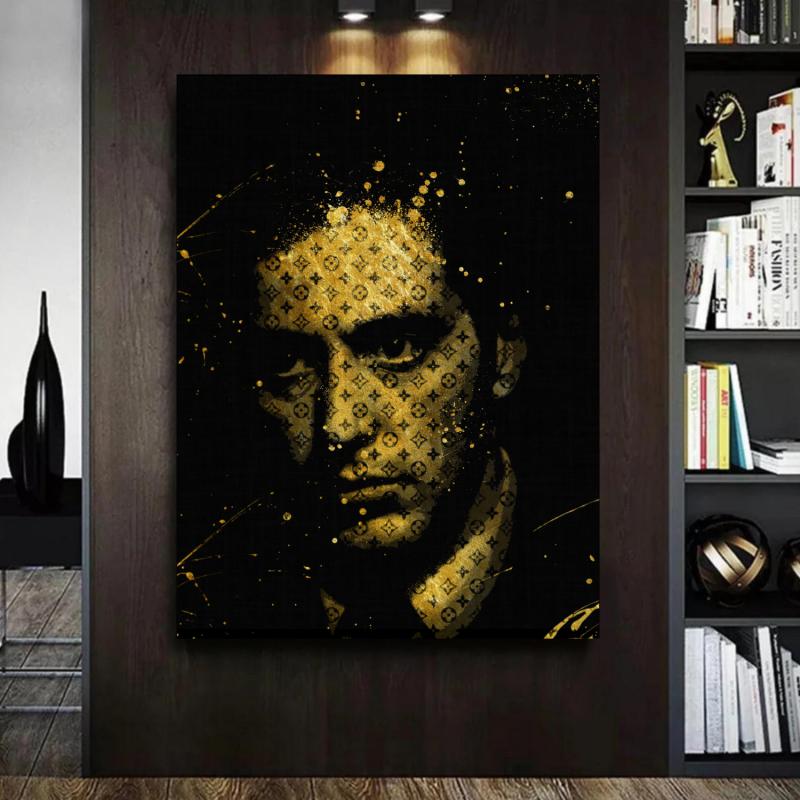 Motivational pop art canvas wall art with a movie gangster and gold pattern hanging in an office among books.