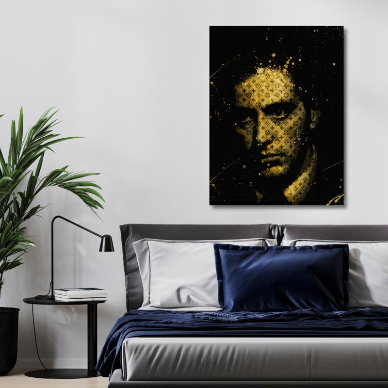Luxury canvas wall art with a black and gold pop art portrait of a mafia boss and LV-style motif in a modern bedroom.
