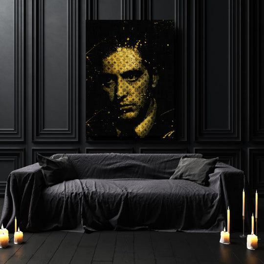 Luxury motivational canvas wall art with a golden cinematic male silhouette in a dark living room with candles.