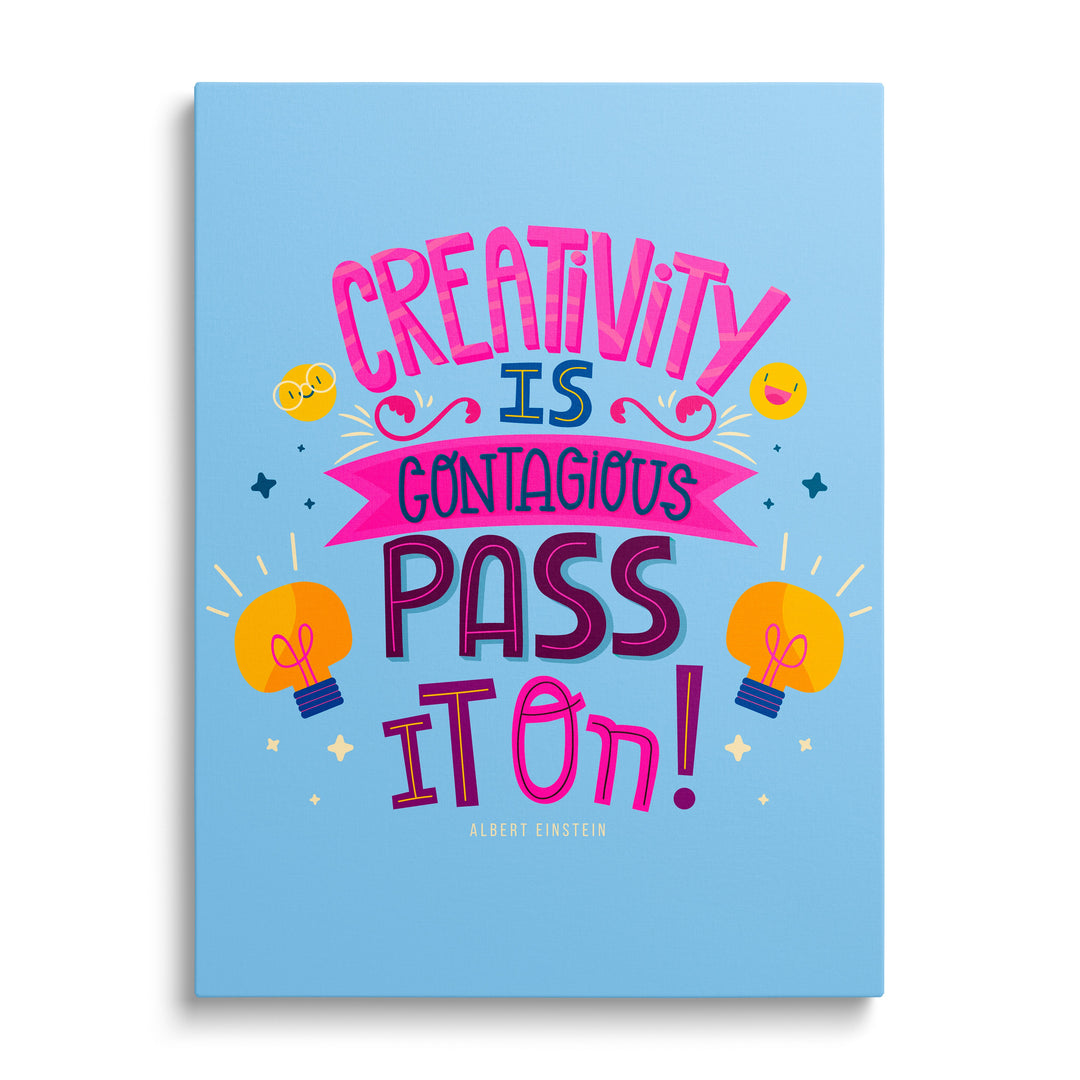 Motivational canvas print with an English quote and colorful glowing light bulbs, front view