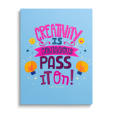Motivational canvas print with an English quote and colorful glowing light bulbs, front view
