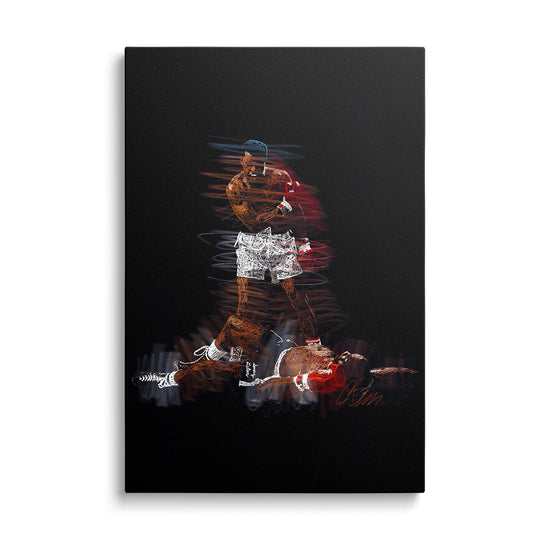 Motivational pop art wall art with a boxing winner silhouette standing over a defeated opponent on a black background