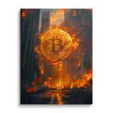 Motivational canvas print with a burning Bitcoin symbol above a ruined city street in a dark futuristic scene