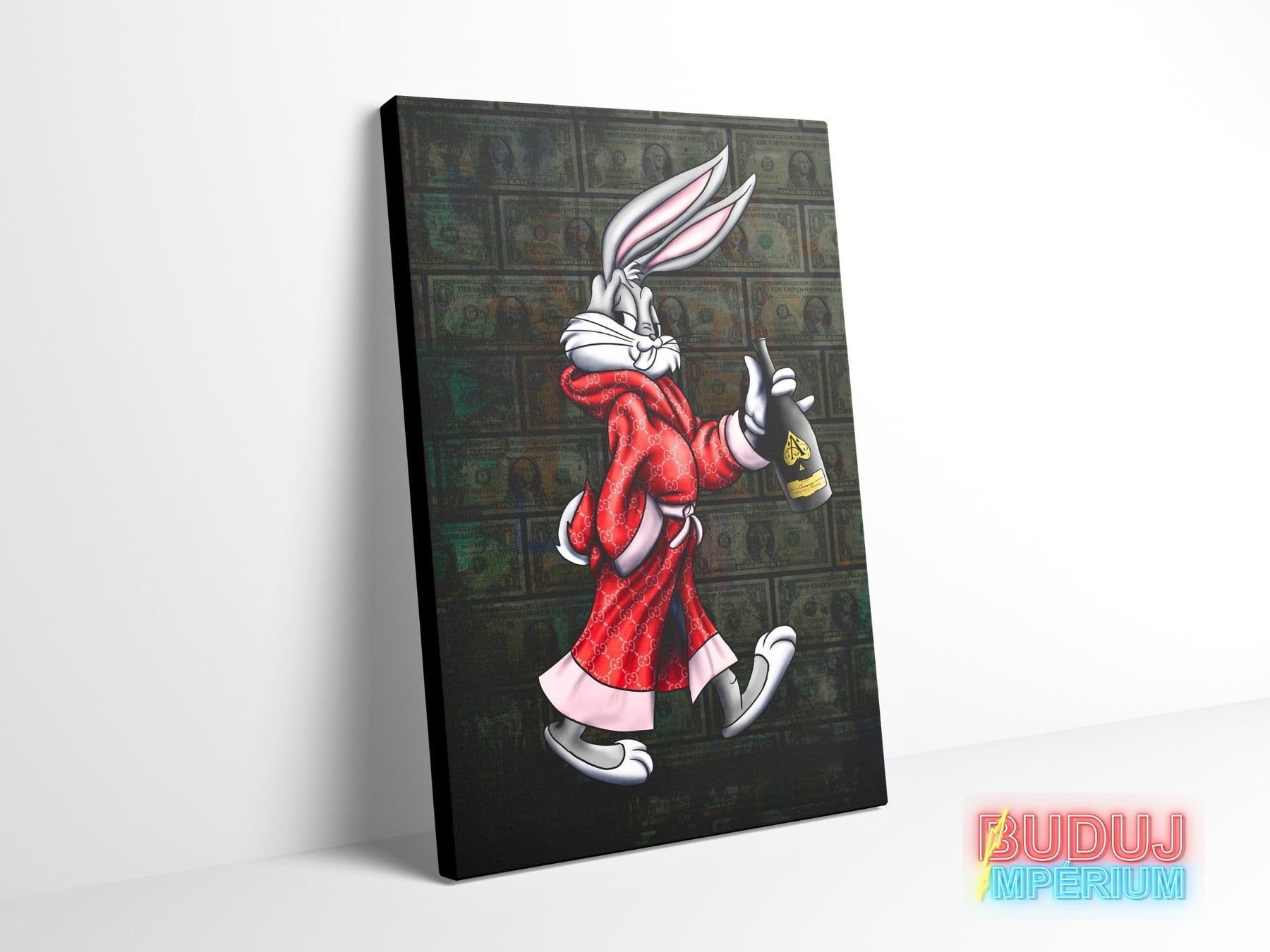 Motivational pop art canvas wall art with Bugs Bunny in a red luxury robe, champagne and a dollar motif.