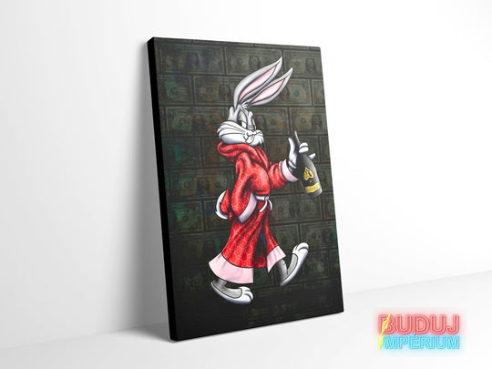 Motivational pop art canvas wall art with Bugs Bunny in a red luxury robe, champagne and a dollar motif.