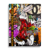 Pop art canvas print of Bugs Bunny in a red coat with a crown and stack of dollars in front of a street art background