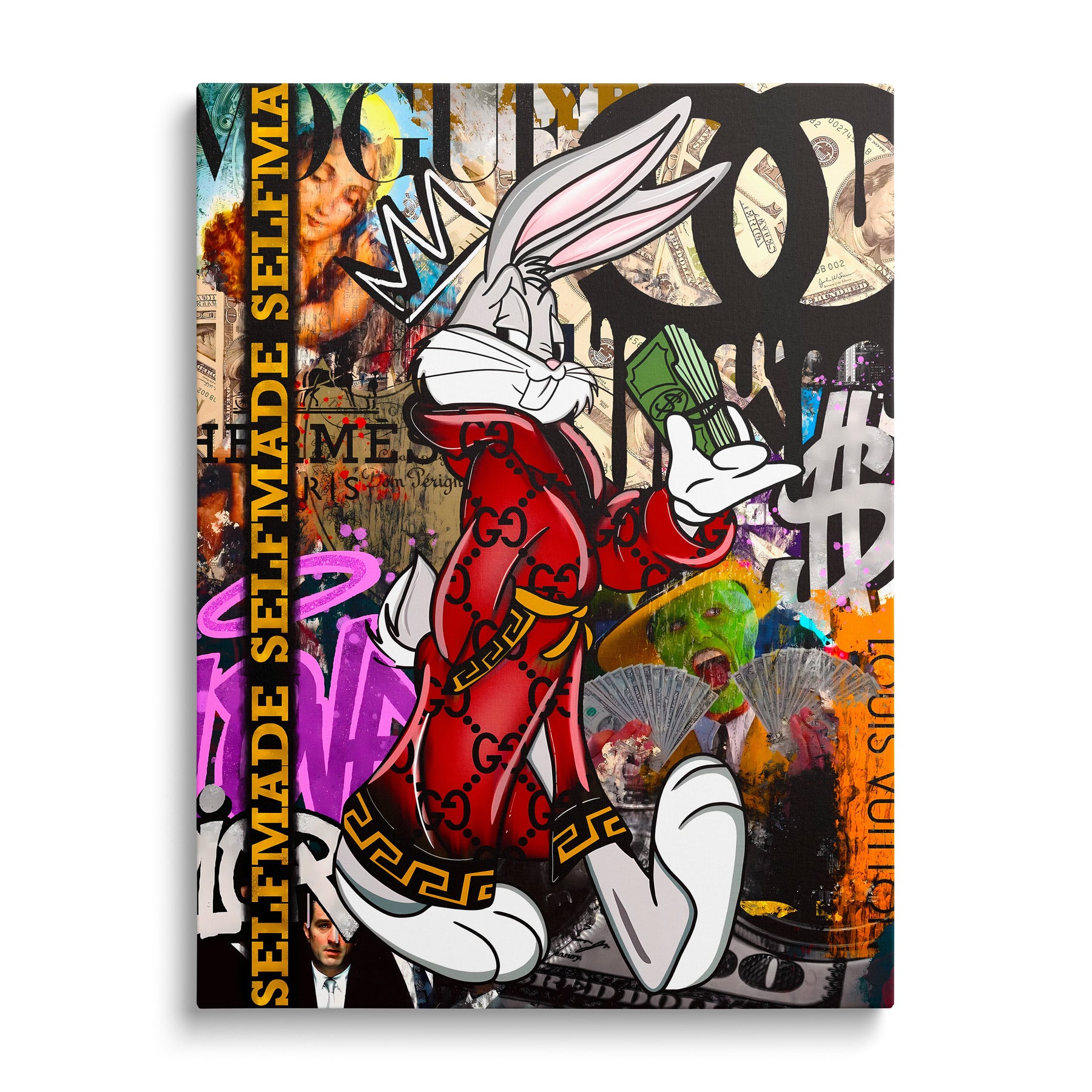 Pop art canvas print of Bugs Bunny in a red coat with a crown and stack of dollars in front of a street art background