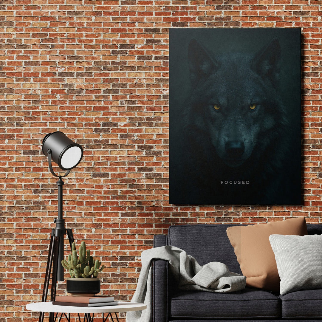 Motivational canvas wall art with a mysterious wolf head and FOCUSED text in an industrial living room with a brick wall.