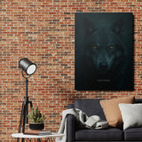 Motivational canvas wall art with a mysterious wolf head and FOCUSED text in an industrial living room with a brick wall.