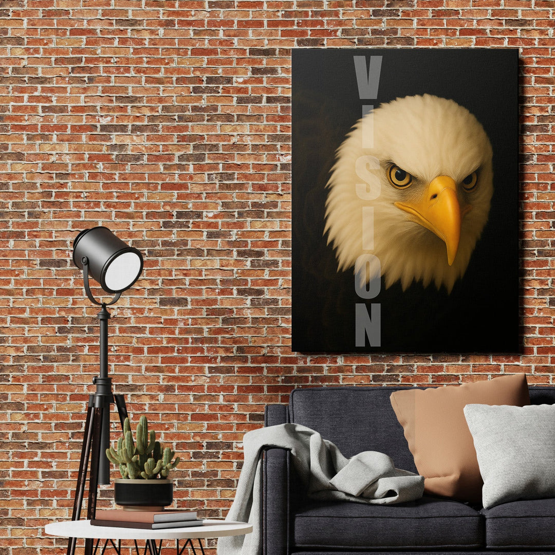 Motivational canvas wall art with a detailed eagle gaze and VISION text hanging above a sofa on a brick wall.