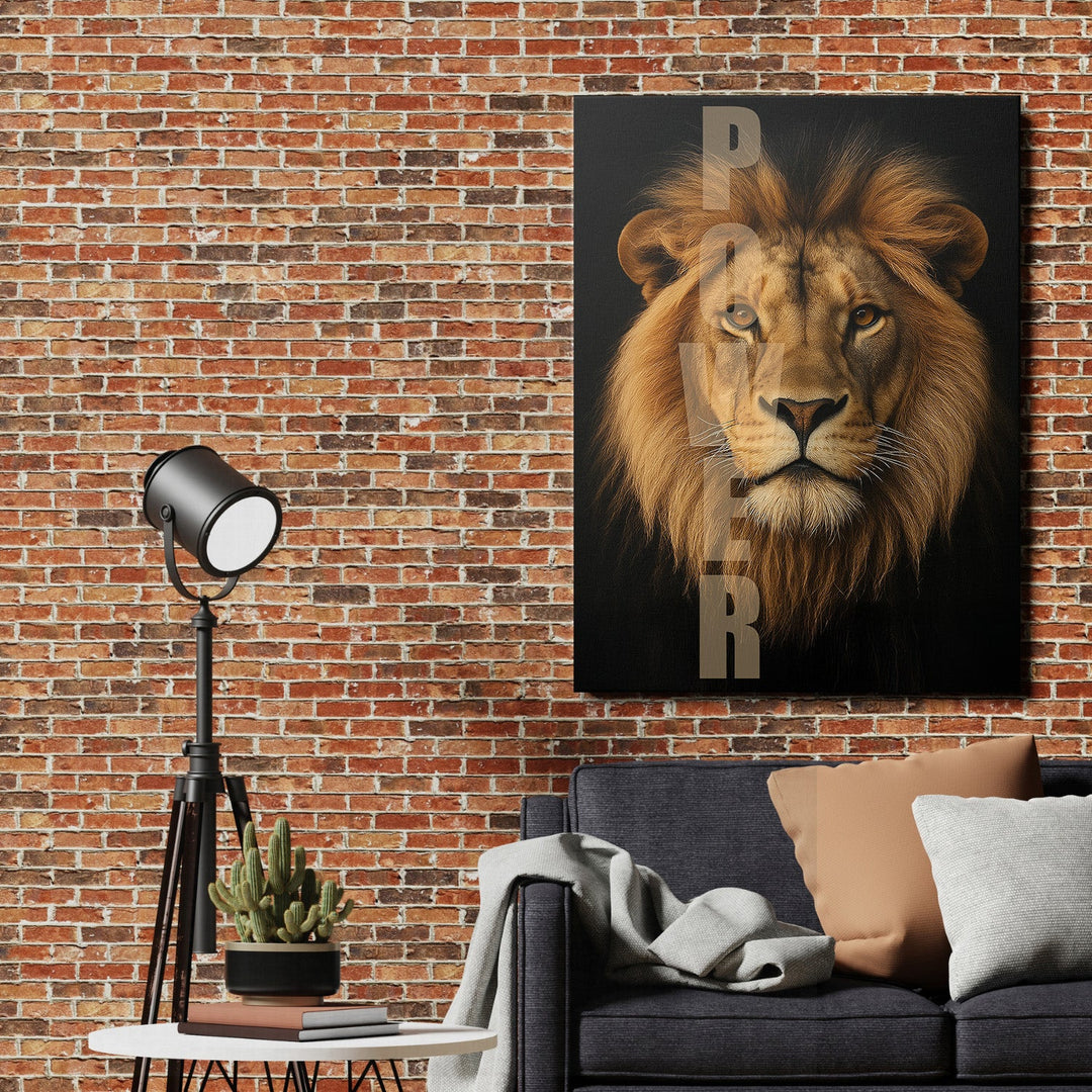 Motivational canvas wall art with a realistic lion and POWER text in an industrial living room with a brick wall.