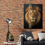 Motivational canvas wall art with a realistic lion and POWER text in an industrial living room with a brick wall.