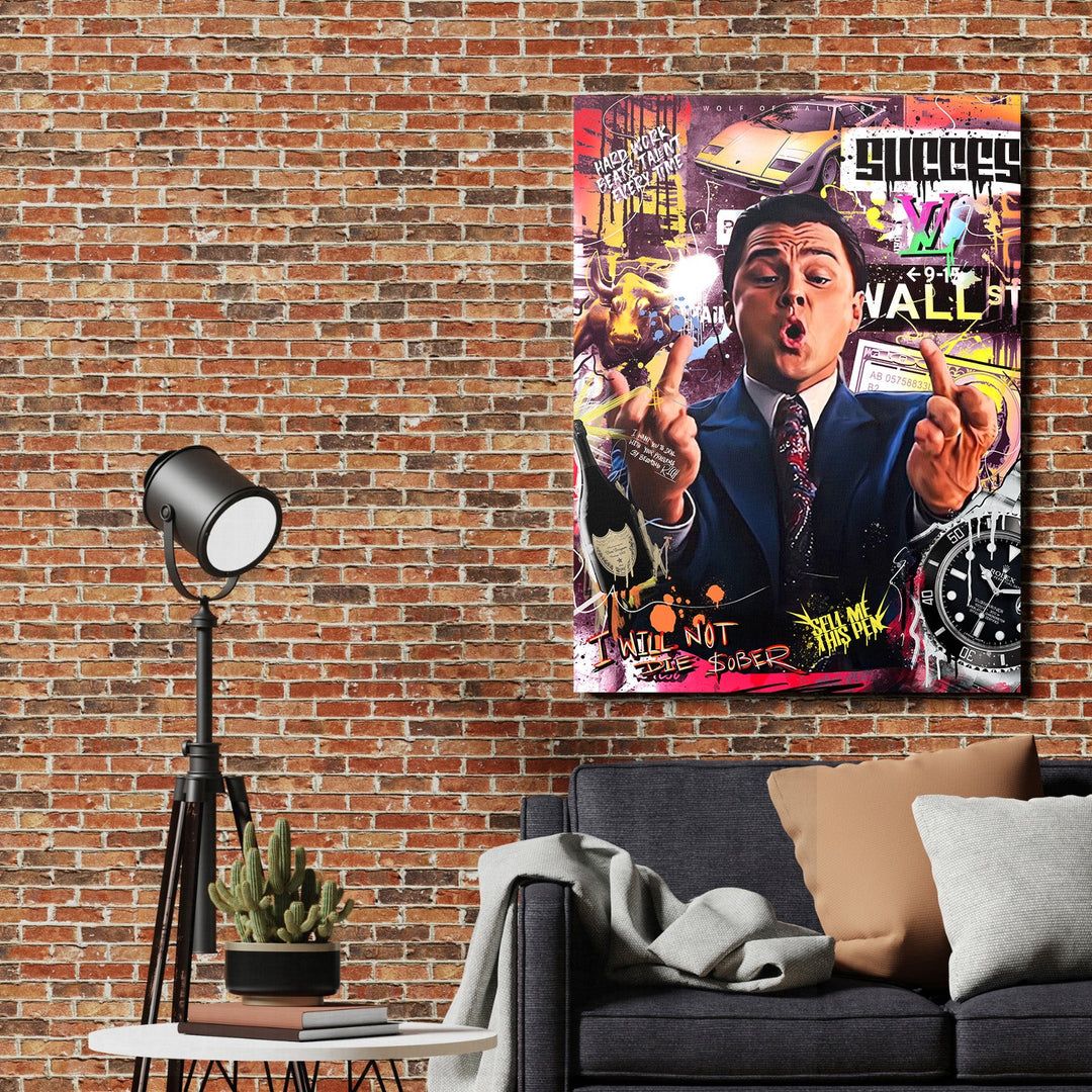 Pop art canvas print in a living room with DiCaprio, a bull, luxury car and graffiti as motivational wall art