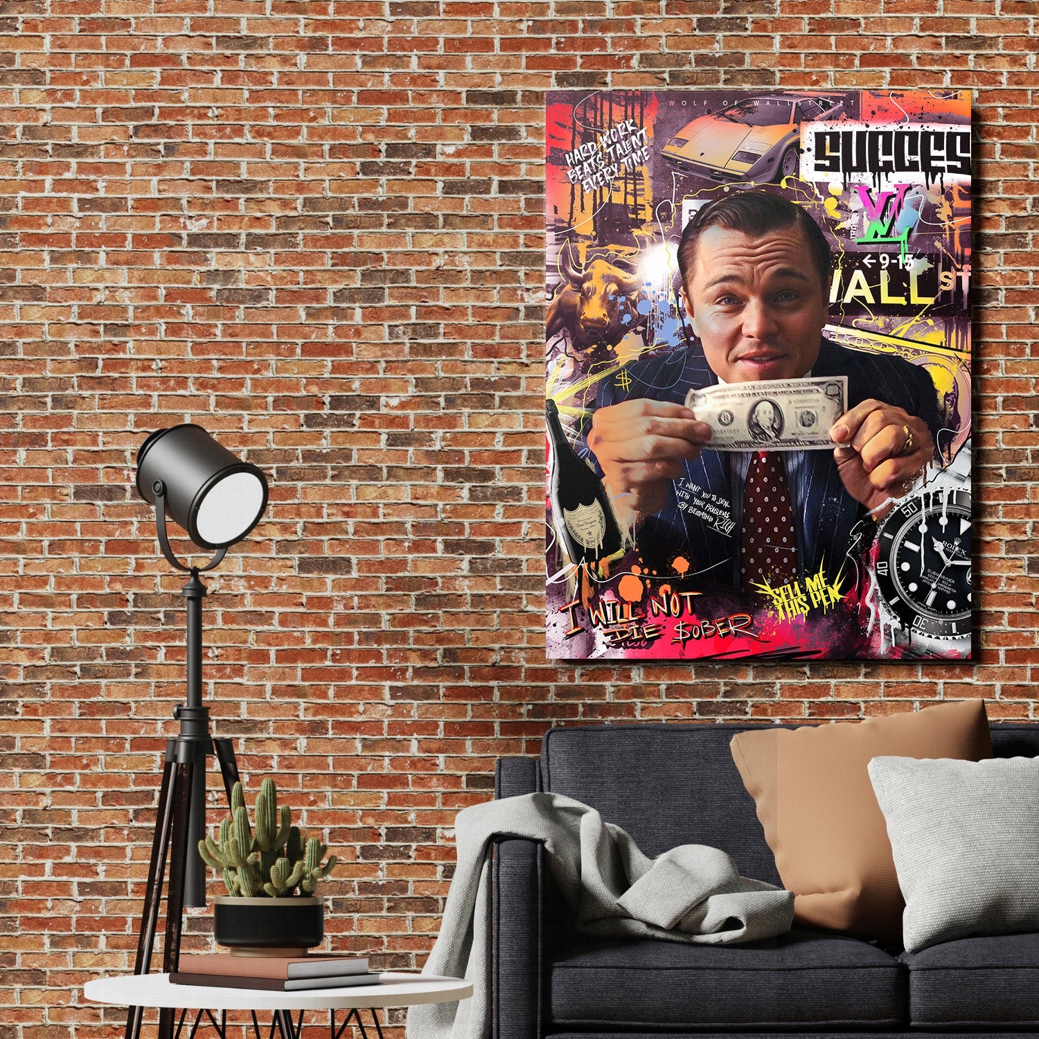Motivational wall art with a pop art collage of a man holding a banknote, bull, luxury car and watch in a modern living room