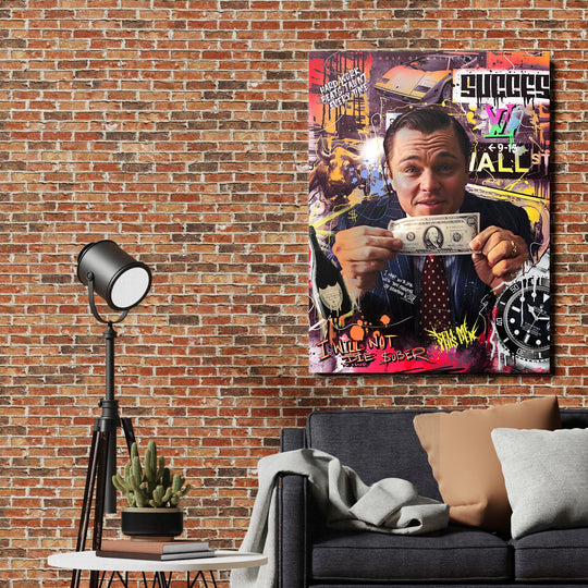 Motivational wall art with a pop art collage of a man holding a banknote, bull, luxury car and watch in a modern living room