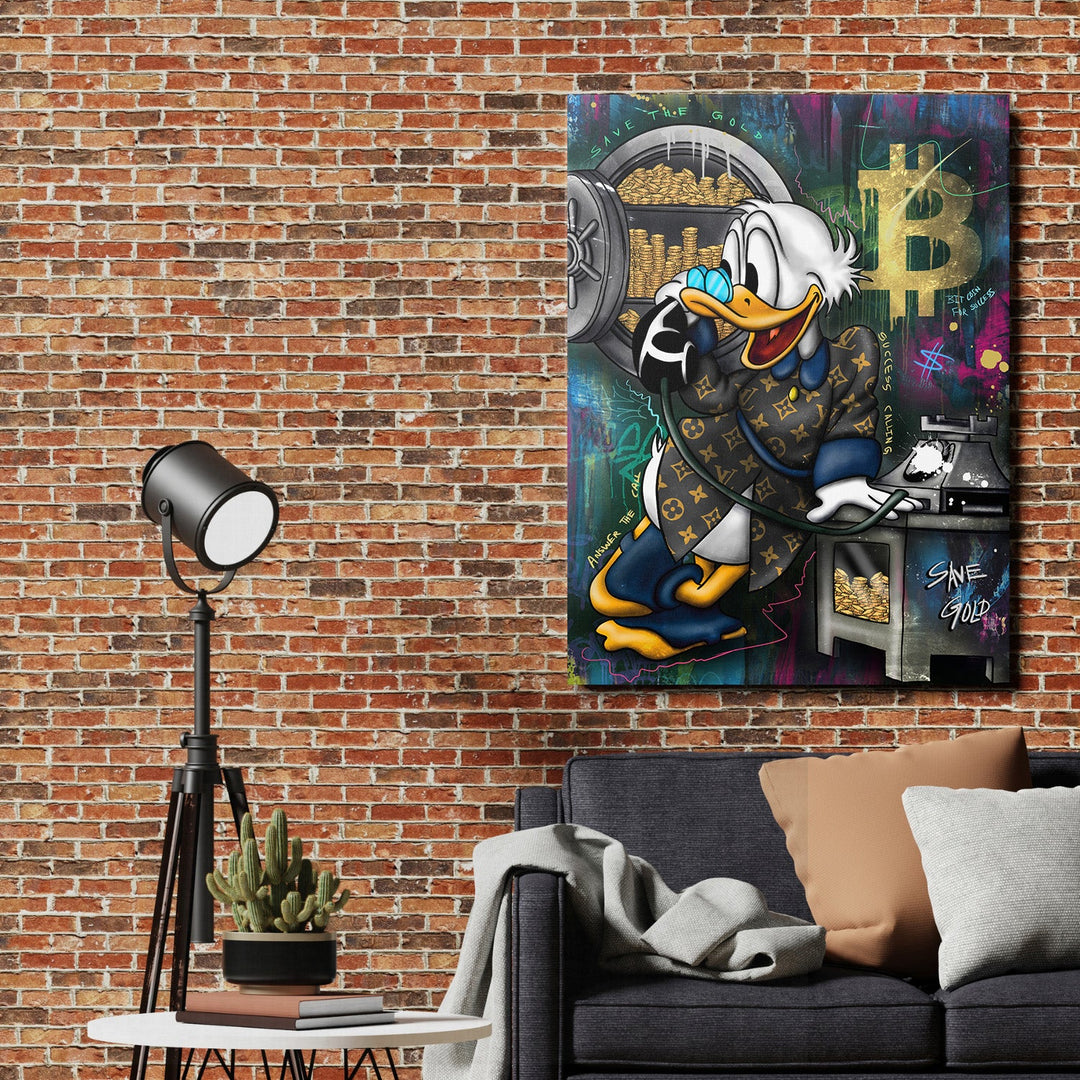 Motivational pop art wall art with a duck collecting Bitcoin and gold coins on a brick wall