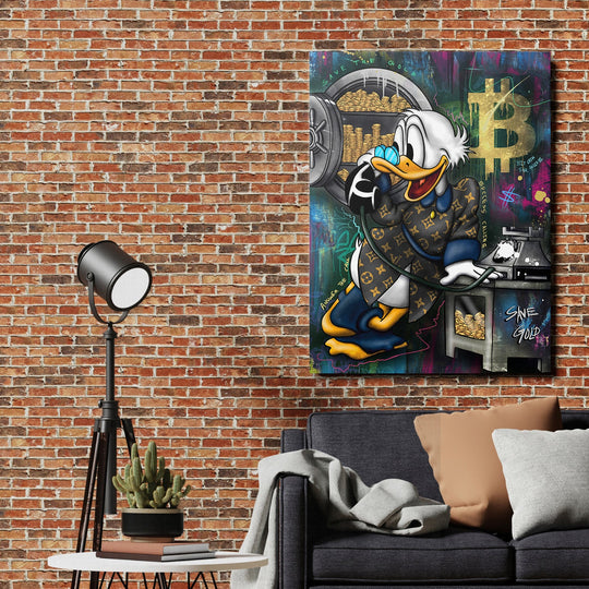 Motivational pop art wall art with a duck collecting Bitcoin and gold coins on a brick wall