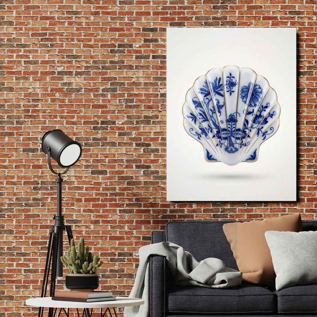 Modern canvas print with a porcelain shell in a minimalist style hanging on a brick wall