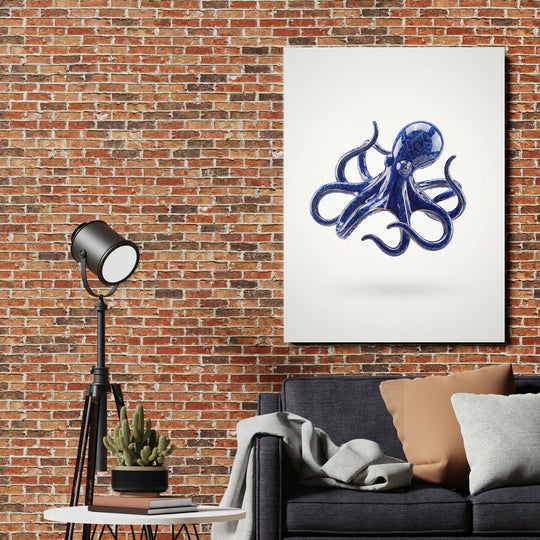 Motivational canvas print with a blue octopus on a brick wall in an industrial living room