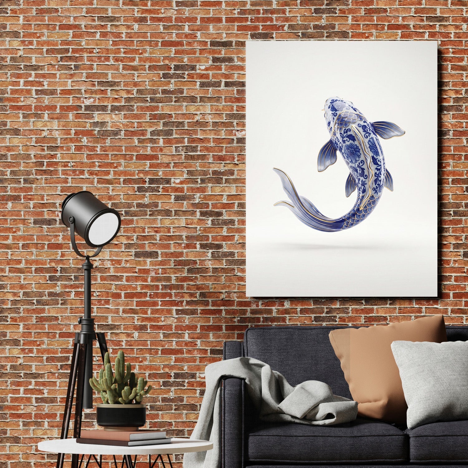 Motivational wall art with a blue-and-white koi carp in a porcelain style on a brick wall, lifestyle decor
