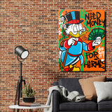 Pop art wall art of Scrooge McDuck with banknotes, motivational canvas print in a living room in street art style