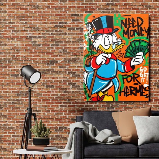 Pop art wall art of Scrooge McDuck with banknotes, motivational canvas print in a living room in street art style