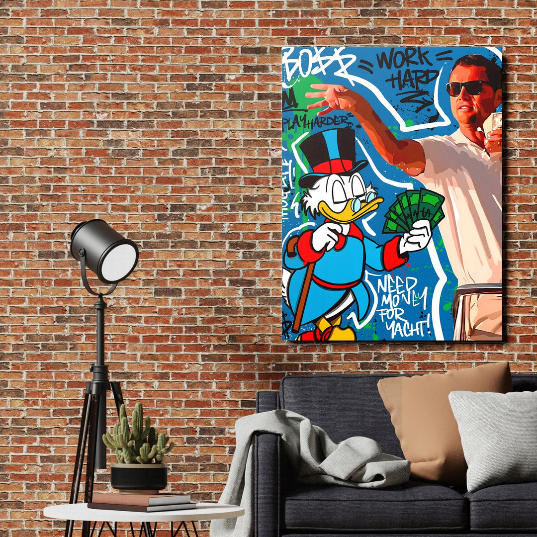 Motivational pop art canvas print with Scrooge McDuck, money and the graffiti text “Work Hard” in a living room
