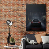Motivational canvas wall art with black sports car by lesa and text FEEL THE CALM in a living room