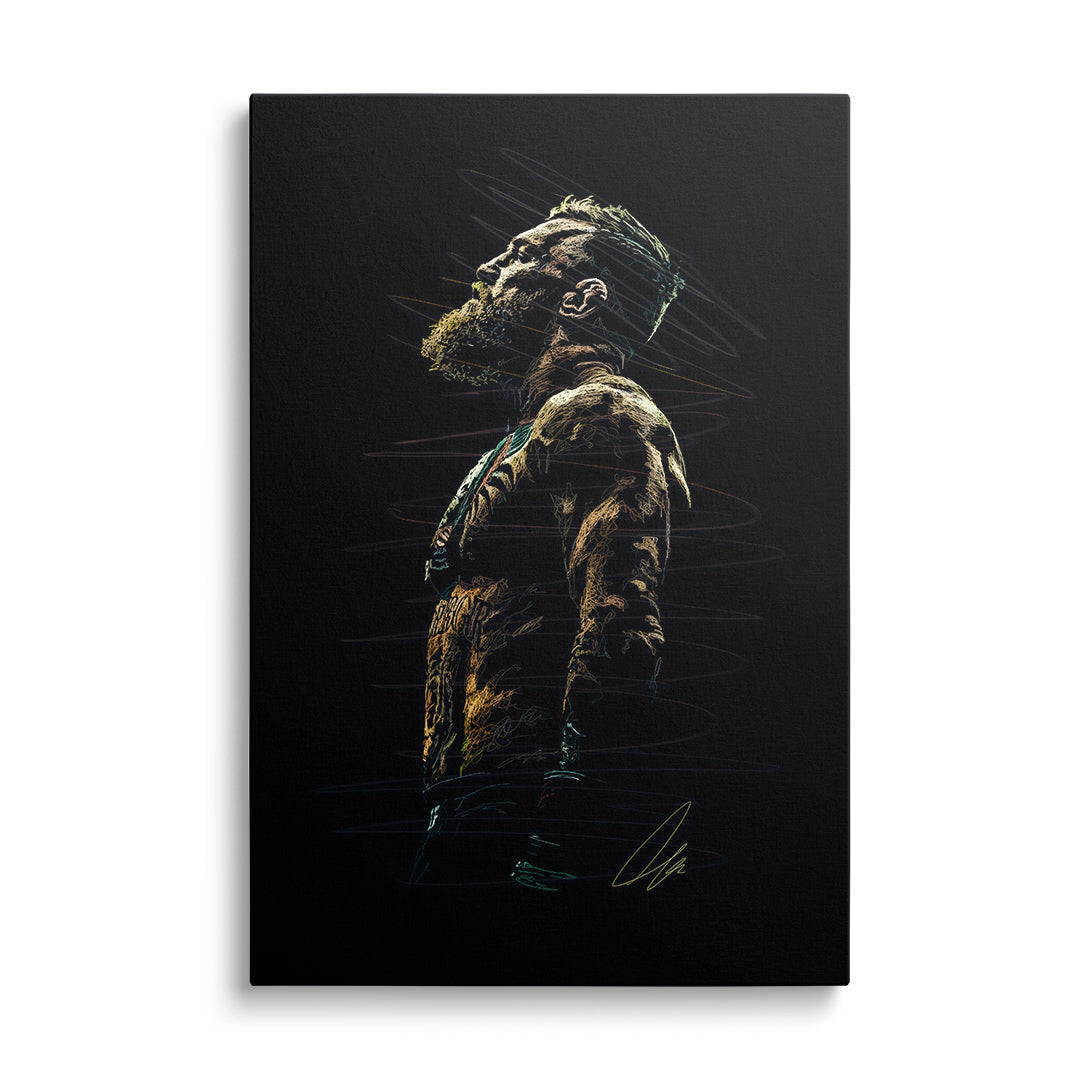 Motivational canvas print with a colorful line-art silhouette of a fighter on a black background, modern minimalist style
