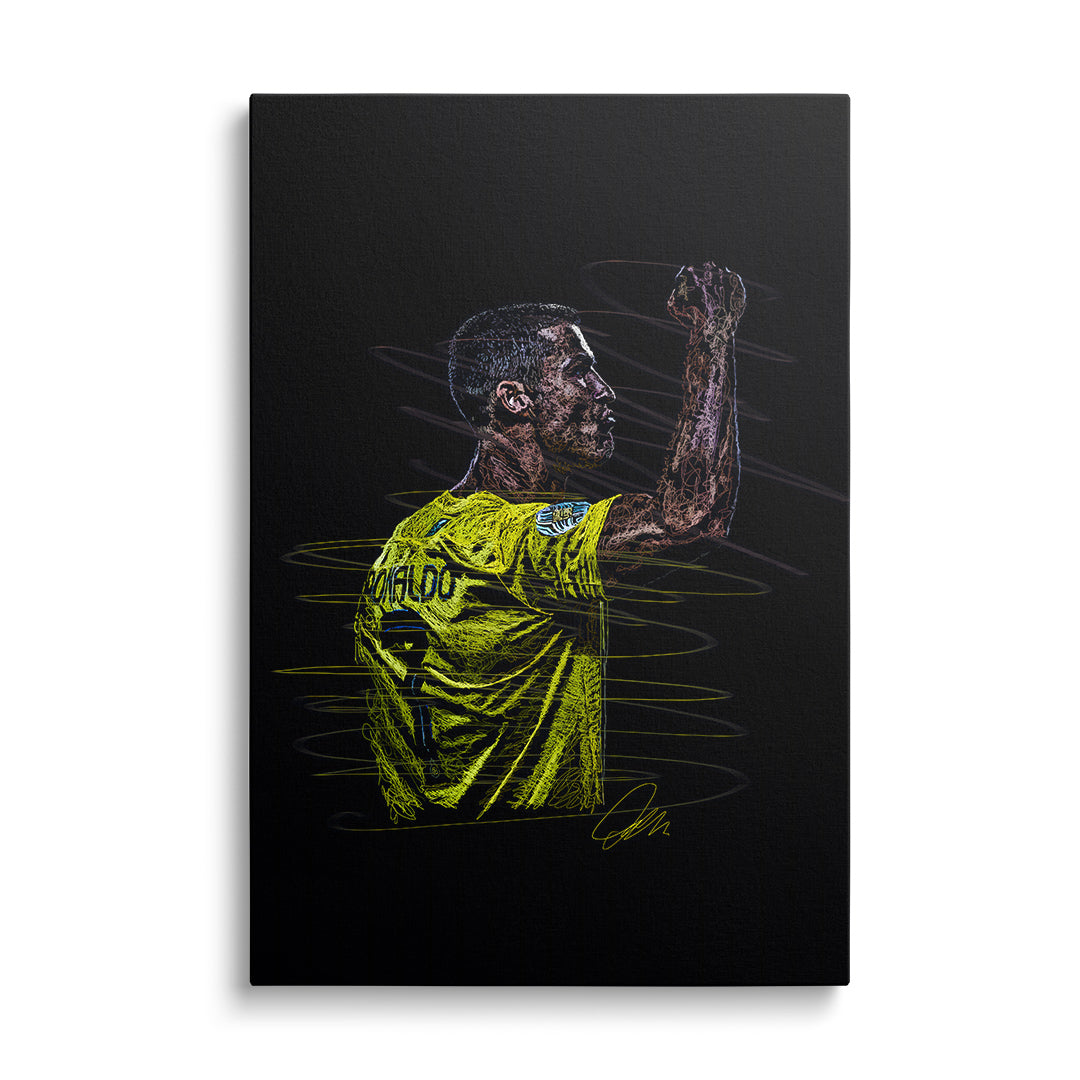 Pop art canvas print of a soccer player raising his fist in neon yellow-and-black style, modern wall art