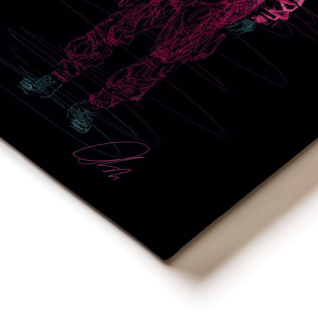 Corner detail of a motivational canvas print with abstract neon line art and bold surface texture