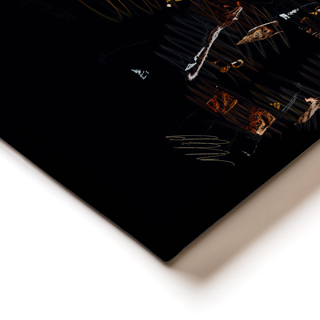 Corner detail of a modern canvas print with abstract gold and orange brush strokes on a black background