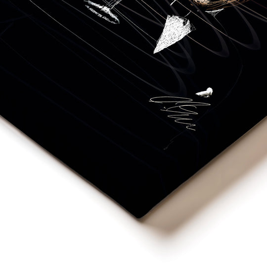 Corner detail of a motivational canvas print with black texture and minimalist white hatch lines