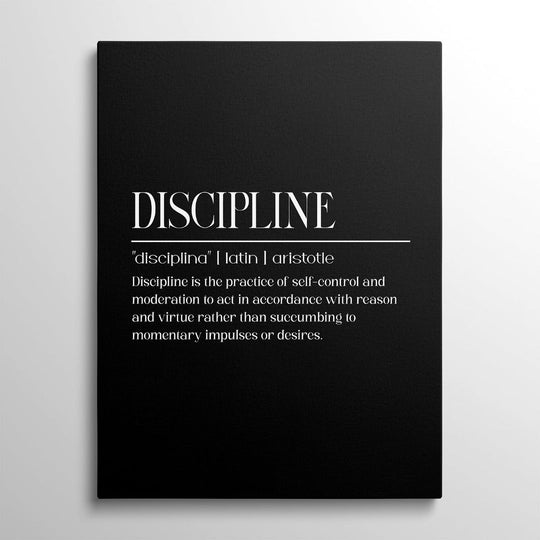 Discipline motivational canvas print with a black background and white quote in a minimalist typographic design, front view