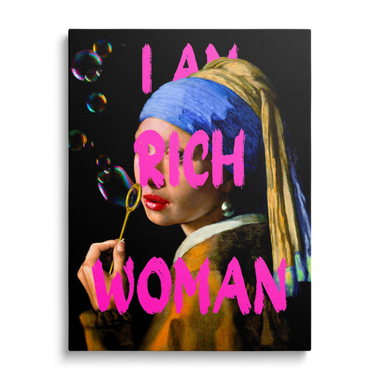 Pop art canvas print with Girl with a Pearl Earring blowing bubbles and pink text “I AM RICH WOMAN”, front view
