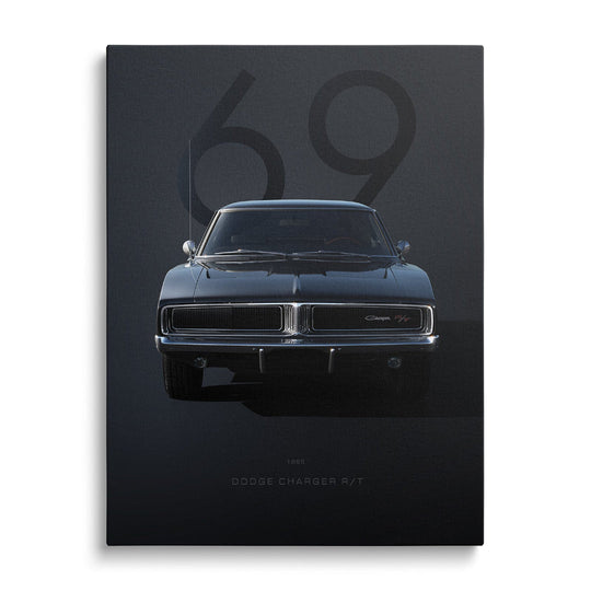 Motivational canvas wall art with a black muscle car front view in front of a large number 69