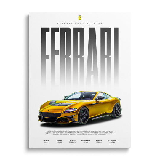 Motivational wall art of a gold Ferrari Mansory front view, luxury image on white canvas in a minimalist design
