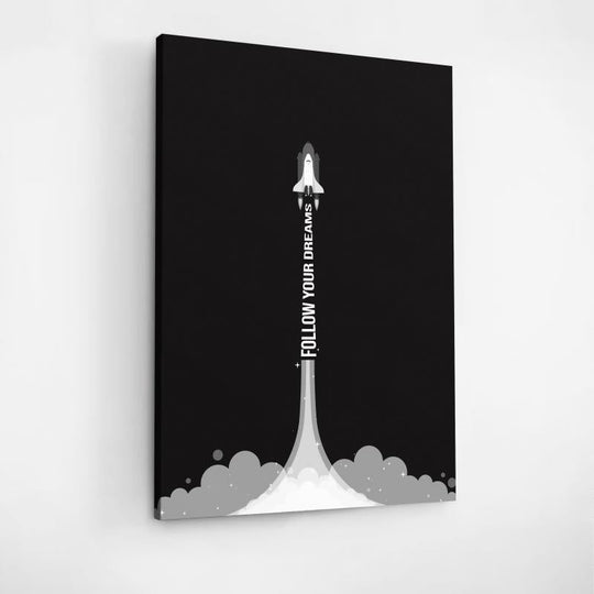 “Follow Your Dreams” motivational wall art with a rocket on a black background, inspiring dream-focused decor.