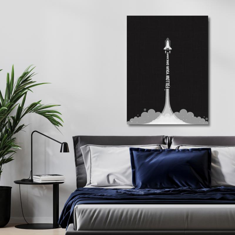 Bedroom motivational wall art with a minimalist rocket launching into space and the text “Follow Your Dreams.”