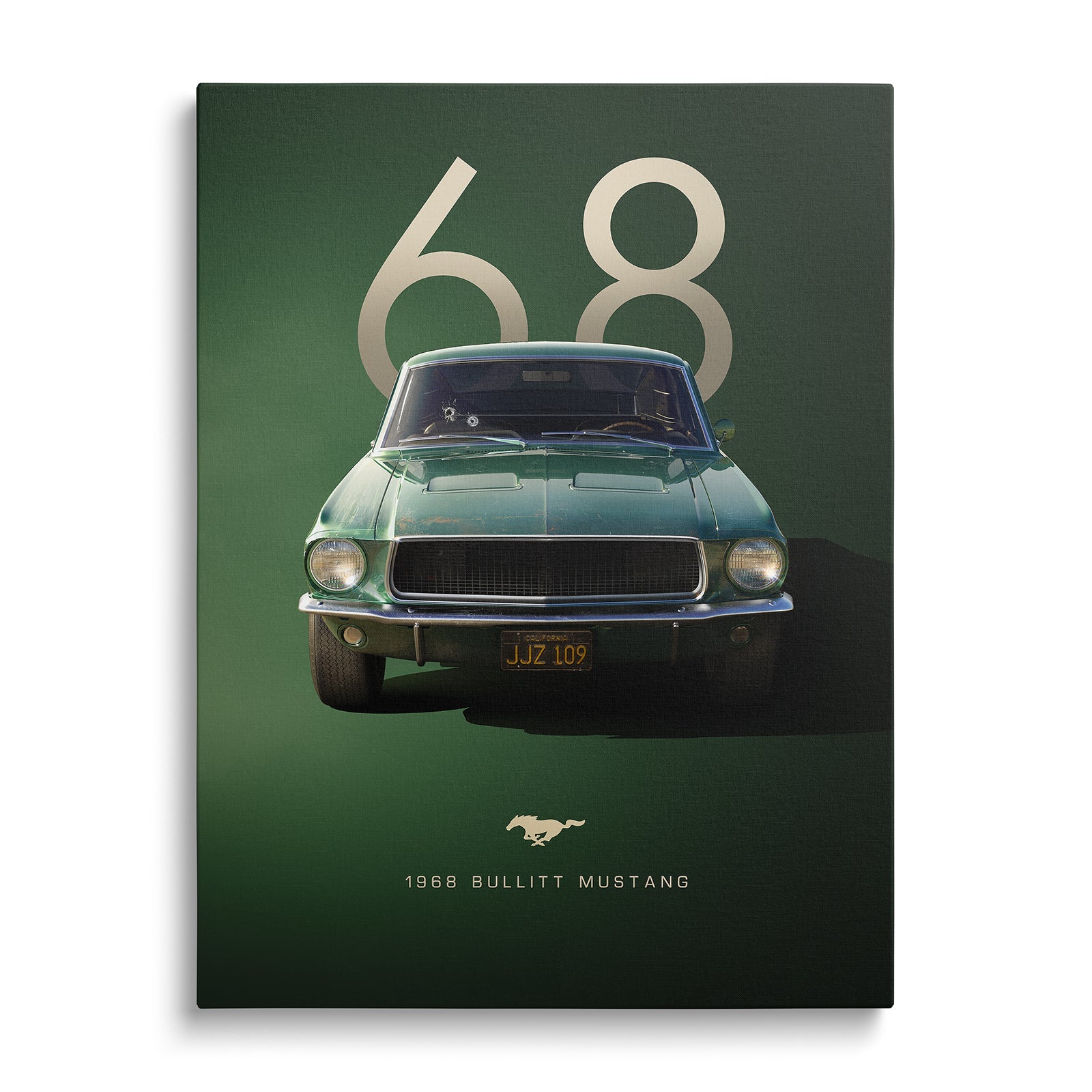 Motivational canvas wall art with a retro green 1968 Mustang, minimalist luxury front-view design