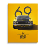 Motivational canvas wall art with a yellow Ford Mustang Boss 302 sports car front view and black racing number 69