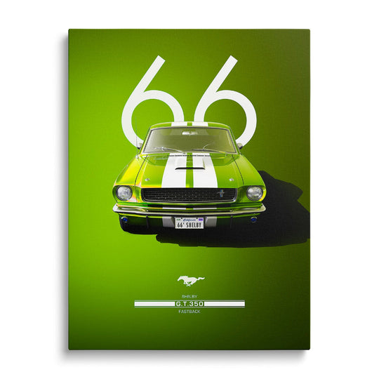 Motivational canvas wall art with a green Shelby Mustang GT350 and racing number 66, front view