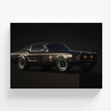 Motivational wall art with a front-view black classic Ford Mustang, luxury and performance atmosphere.