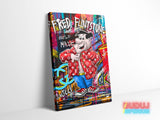 Luxury pop art canvas wall art with Fred Flintstone in street art graffiti style, front view.